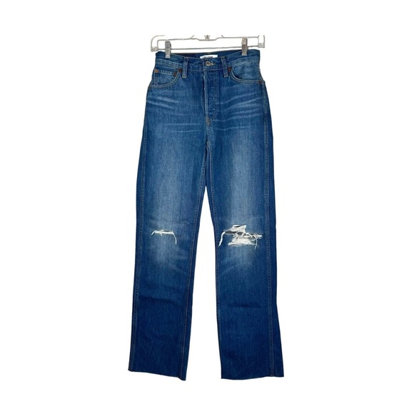RE/DONE 90s High Rise Loose Straight Fit Distress Jean 28 Rigid Denim Button fly